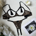 Womens Leopard Lingerie Set Tassel Detail Halter Neck Cut Out Design Sexy Back Open Brief Alluring Two Piece Set