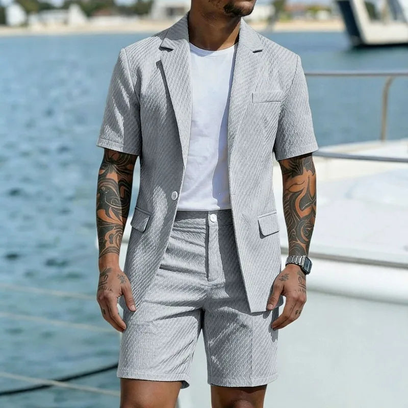 KIDWHXR Men Suit Set Summer British Style Solid Color Short Sleeve Male Outfit Slim Breathable Business Wedding Man 2-piece Suit