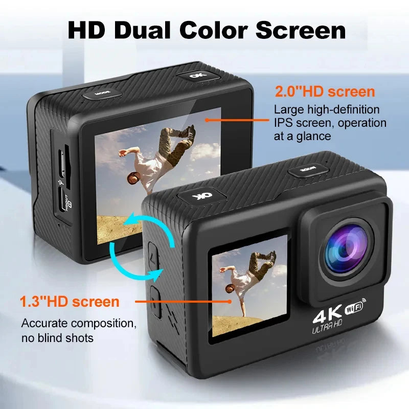 Regaton Action Camera 4K 30FPS 24MP WiFi 170° Wide Angle Len Dual Screen Display Video Camera 30M Underwater Waterproof Camera