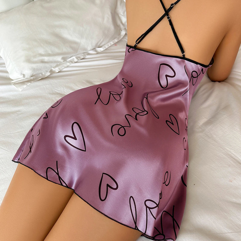 Heart Letter Print Nightdress Casual Round Neck Spaghetti | SAMAG