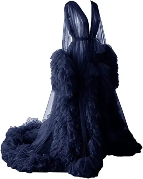 Women's Dressing Gown Perspective Sheer Long Tulle Robe Puffy Pregnancy Maternity Dress for Baby Shower Nightgown Sleepwear