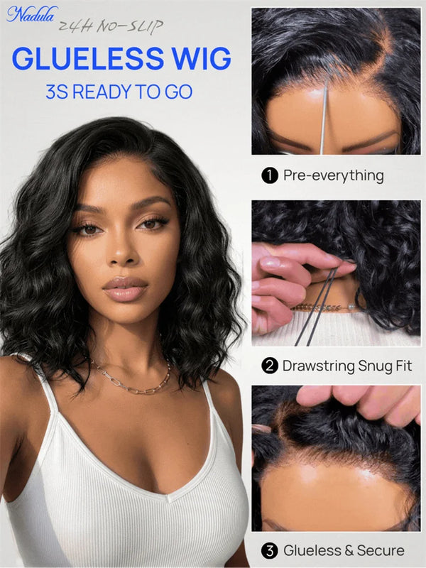 Nadula Density 220% Water Wave BOB Drawstring Glueless Wig Human Hair 6x4 Bye-Bye Knots Pre Cut Transparent Lace Human Hair Wig
