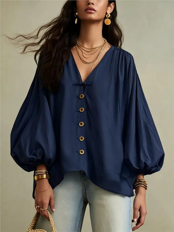 Autumn New Solid Color Fashion Single-breasted Loose Women Shirt Casual Retro Lantern Long-sleeved Versatile Female Vacation Top