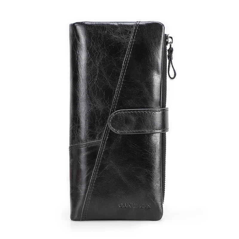 CONTACT'S Genuine Crazy Horse Cowhide Leather Men Wallets  Fashion Purse With Card Holder Vintage Long Wallet Clutch Wrist Bag