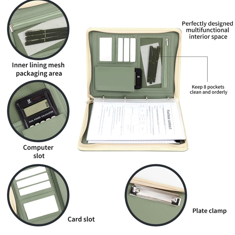 New A4 multi-function business zipper bag, 4-ring binder + writing pad + storage bag, pleated texture PU  leather cover