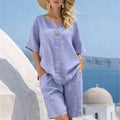 Summer Cotton Linen Casual Short-sleeved Tops Women's Suit New Fashion Female Beach Vacation 5 Point Straight Shorts 2piece Set