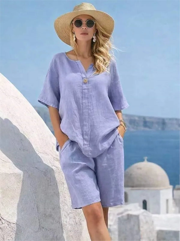 Summer Cotton Linen Casual Short-sleeved Tops Women's Suit New Fashion Female Beach Vacation 5 Point Straight Shorts 2piece Set