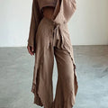 Fashion Flare Sleeve Hollow 2pcs Women Casual Solid Cotton Linen Suit Y2k Summer O Neck Crop Top+Lace-up Ruffle Pants Outfit