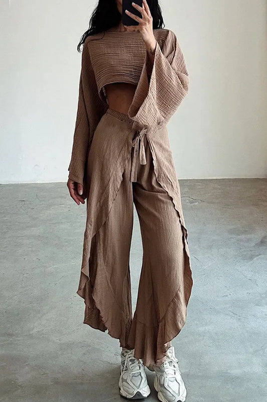 Fashion Flare Sleeve Hollow 2pcs Women Casual Solid Cotton Linen Suit Y2k Summer O Neck Crop Top+Lace-up Ruffle Pants Outfit
