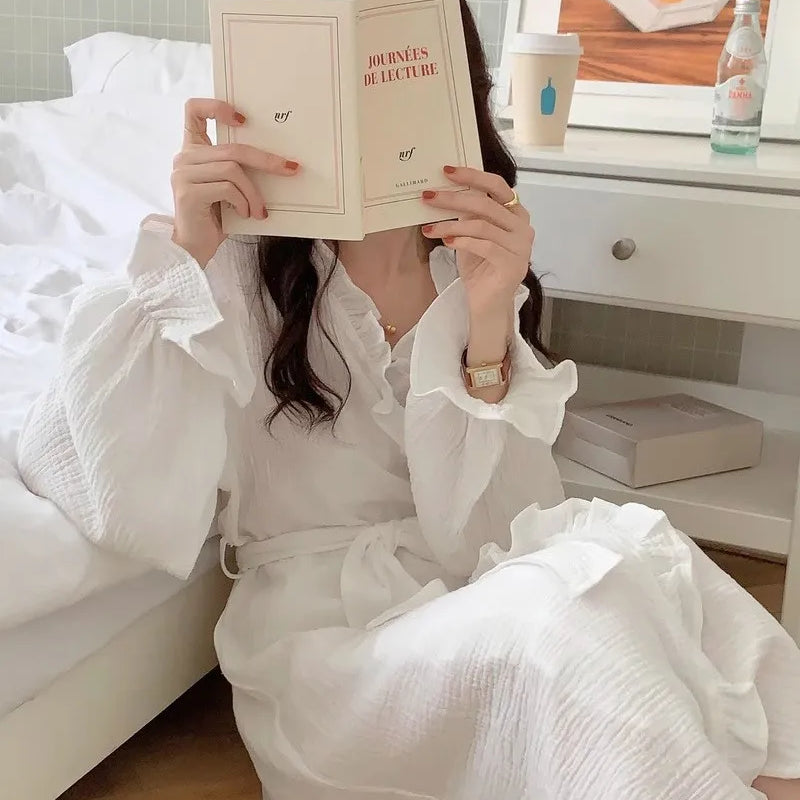 Women's Spring and Summer New Simple Long-Sleeved Robe Girls Sweet Ins Wind Ruffled Thin Section of Solid Color Pajamas Home Wea