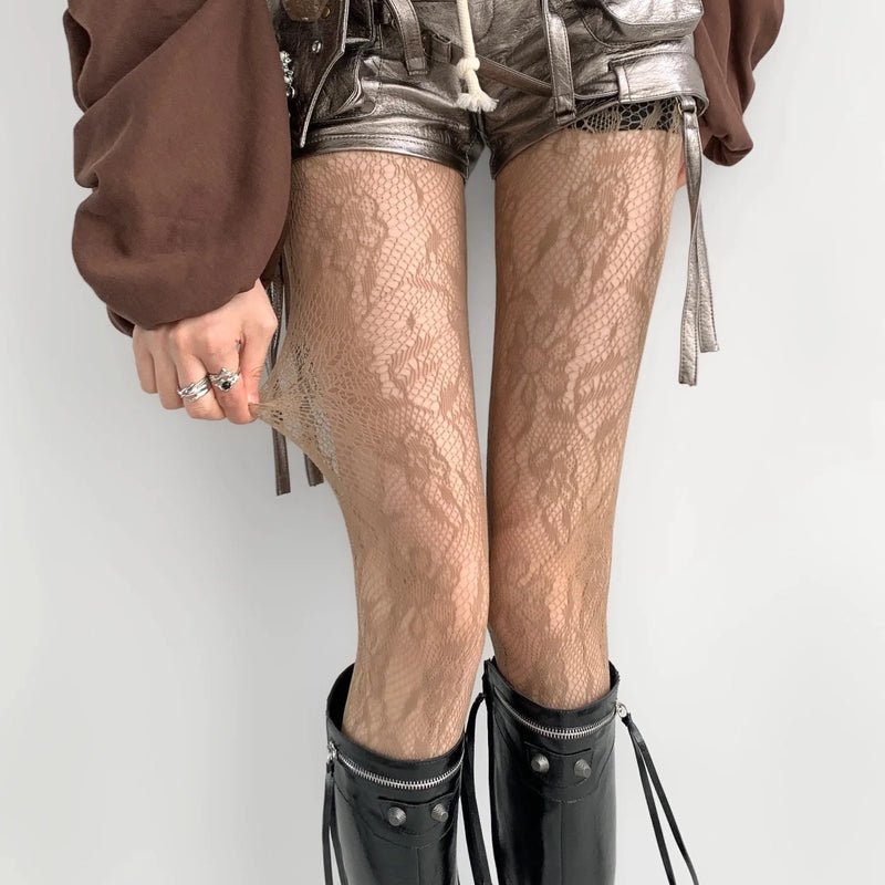 Lolita Sweet Girls Punk Style Floral Tights Colorful Thigh High Stockings Lingerie Women Sexy Hollow Out Mesh Fishnet Pantyhose