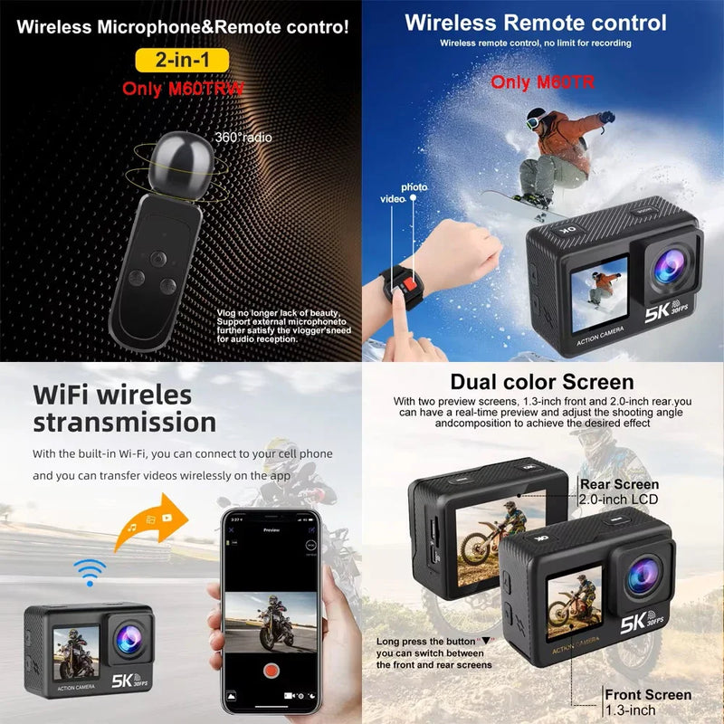 5K 4K60FPS Action Camera 50MP 2" Touch Dual Screen 5X Zoom Wi-Fi EIS 170° DVR Webcam Wireless Mic 30M Waterproof Sport Camera