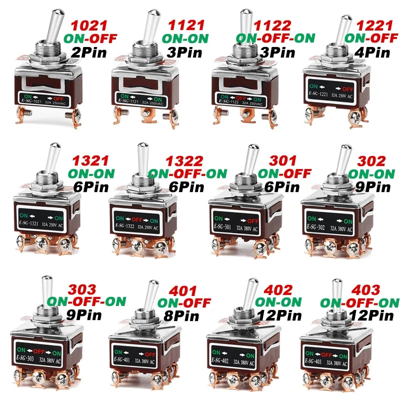 High Current Toggle Switch 2/3/4/6/8/9/12Pin Self Reset/Self-locking Switch Copper Pin 32A 250VAC Push Button Switch