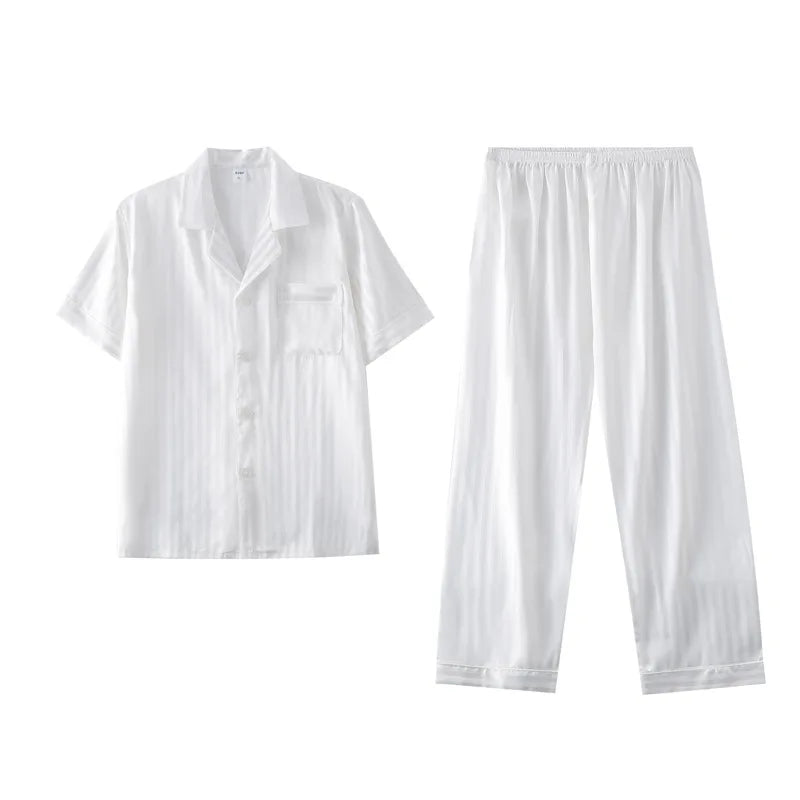 White Striped Men Pajamas Suit Short Sleeved Long Pants Thin Ice Silk Sleepwear Summer Satin Silk Home Clothing Set Pyjamas Male