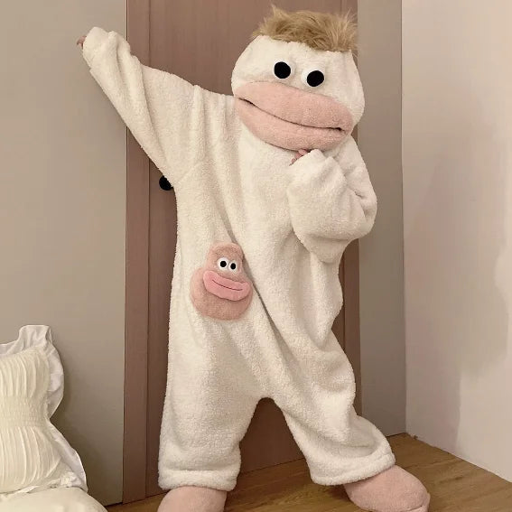 Cartoon Big Mouth Monster Cute Funny Onesie Pajamas Thickened Coral Fleece Homewear For Couples Men Women Autumn Winter Pajamas