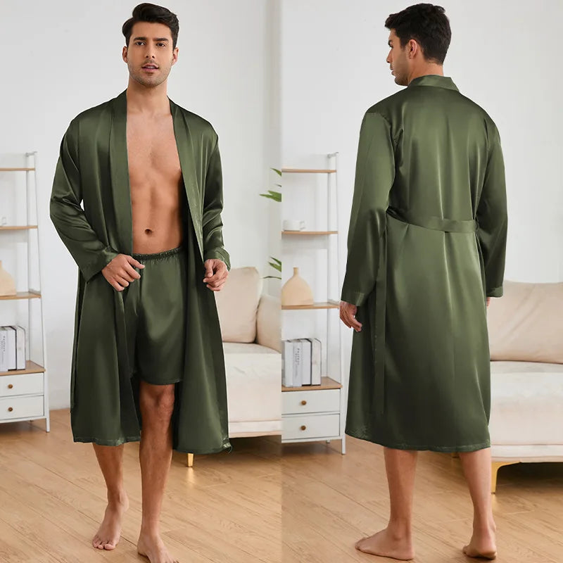 Men's Nightgown Shorts Set Solid Color 2-Piece Loungewear Bathrobe Shorts Set Thin Pajamas Kimono Bathrobe Long Robe Sleepwear