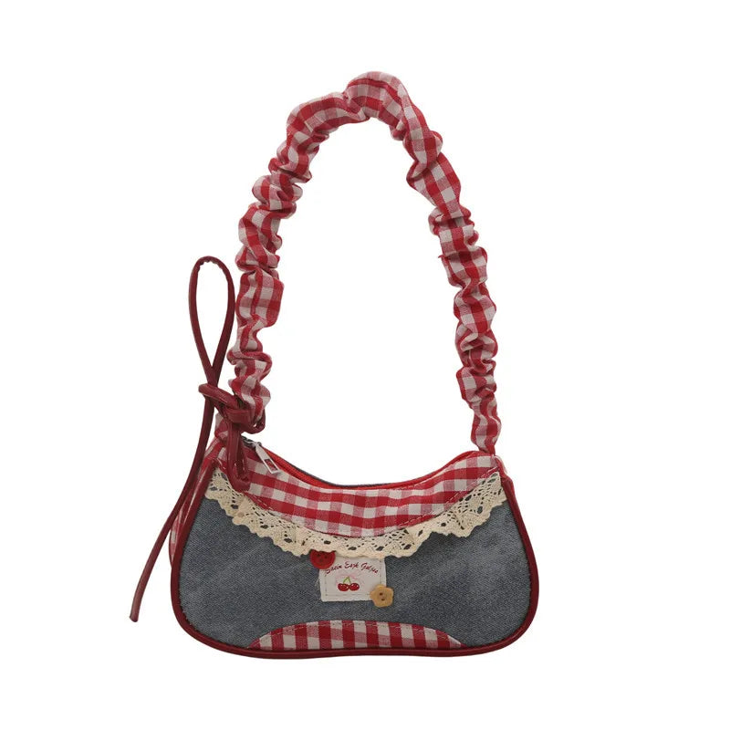 Sweet Lace Bow Prints Ladies Shoulder Bags Women's Contrast Color Lightweight Underarm Bags Pleated Design Female Hobos Handbags