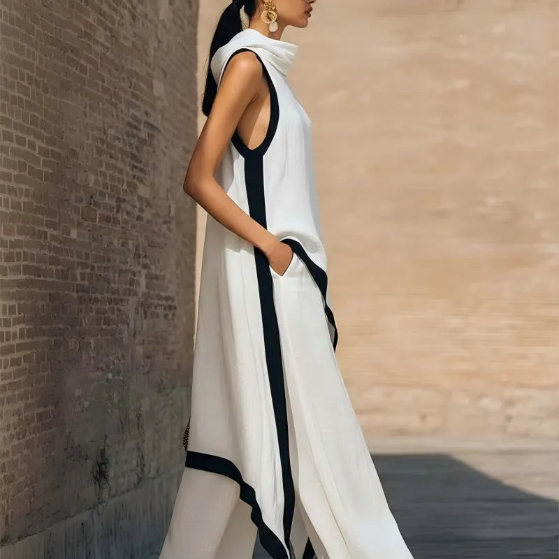 2026 New European American Women's Two-Piece Set: Solid Sleeveless Blouse with High Waist Pants, Elegant Casual Matching Outfit
