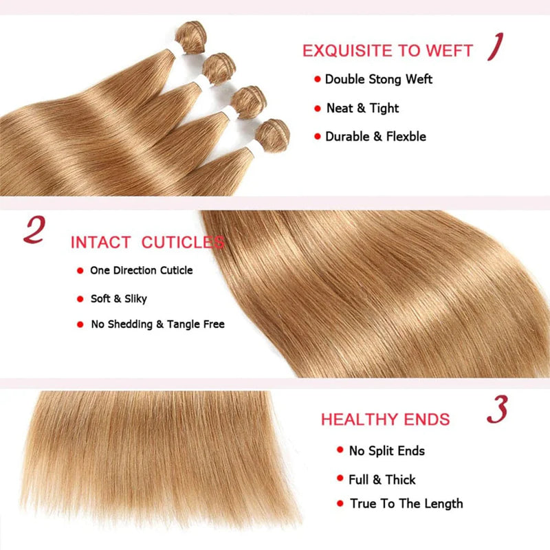 #27 Straight Human Hair Bundles 1/3/4 Pcs Bundles 10-32 Inch 95g/Bundle Brazilian Honey Blonde Hair Extensions Weave Gold Hair