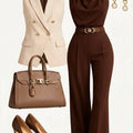 Women Notched Lapel Sleeveless Vest Draped Collar Top High Waist Flare Pants Two‑Piece Suit Business Formal Daily Wear