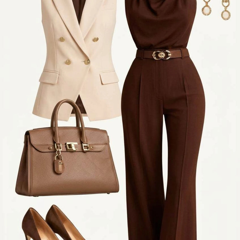 Women Notched Lapel Sleeveless Vest Draped Collar Top High Waist Flare Pants Two‑Piece Suit Business Formal Daily Wear