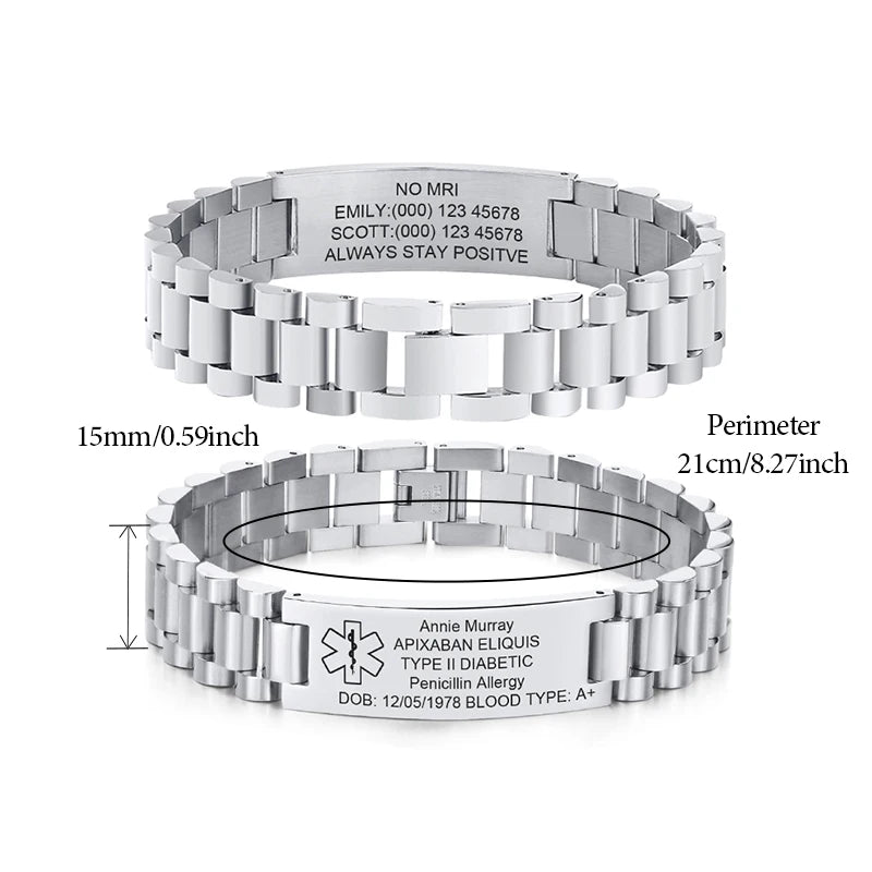 Custom Medical ID Bracelet Medilert Bracelets for Men Women Engraving Stainless Steel Medic ID Bracelet Wristband for Dad Mom