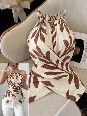 Women's Casual Cross Back Vest Plant Print Shoulder Bared | SAMAG