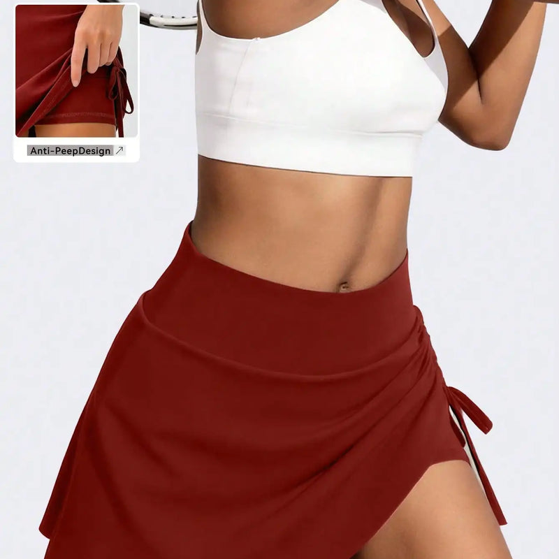 Women Tennis Skirt Adjustable Side Drawstring Ruched Sports Skort High Waist Tummy Control Built-in Shorts Gym Wear