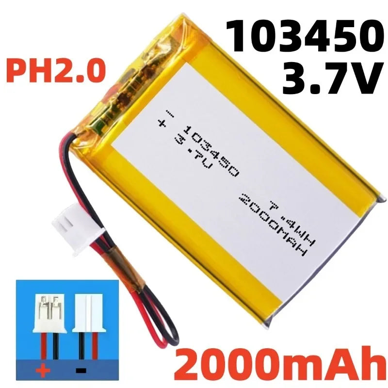 103450 3.7V 2000mAh Polymer Lithium Rechargeable Battery jst PH 2.0mm 2pin plug for Camera GPS navigator MP5 Bluetooth Headset