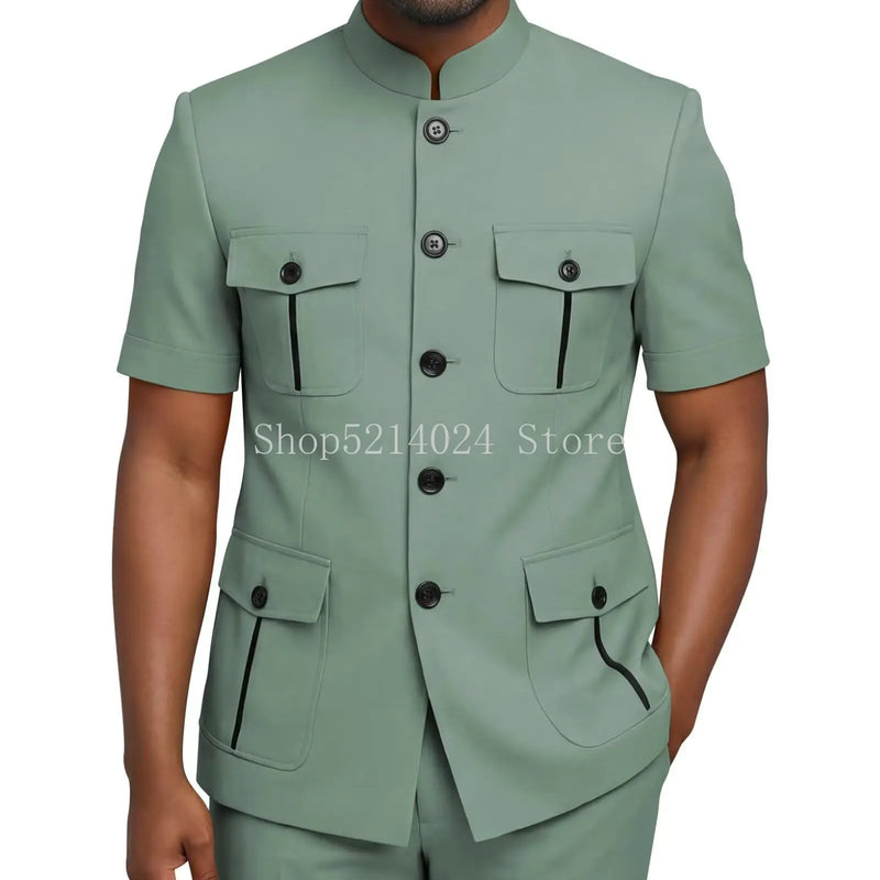 Mens Safari Suit 2 Piece Short Sleeve Suits for Men Regular Fit Stand Collar Suit African Clothes