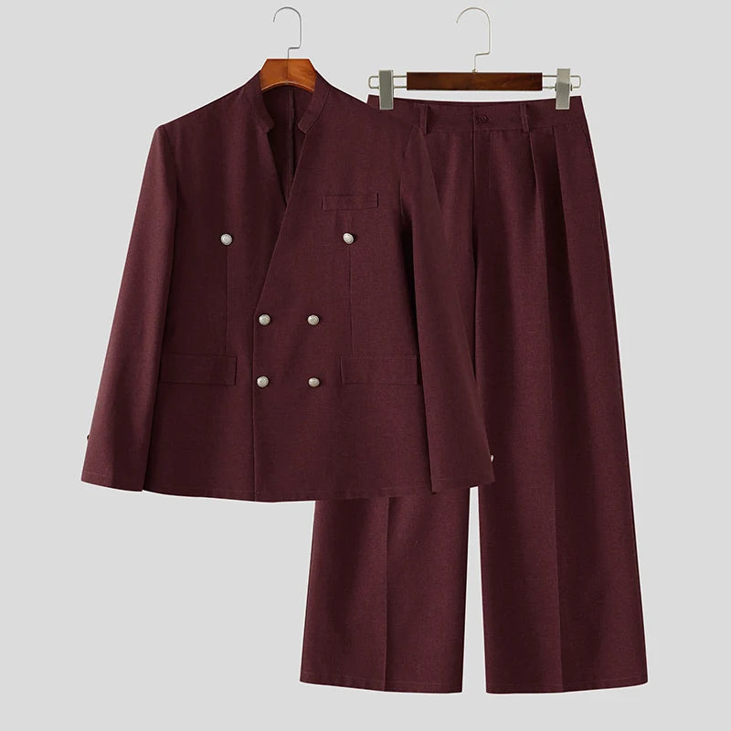 INCERUN Men's Sets Solid Color V Neck Long Sleeve Blazer Pants Two Piece Elegant Streetwear Fashion Matching - View 9 | SAMAG