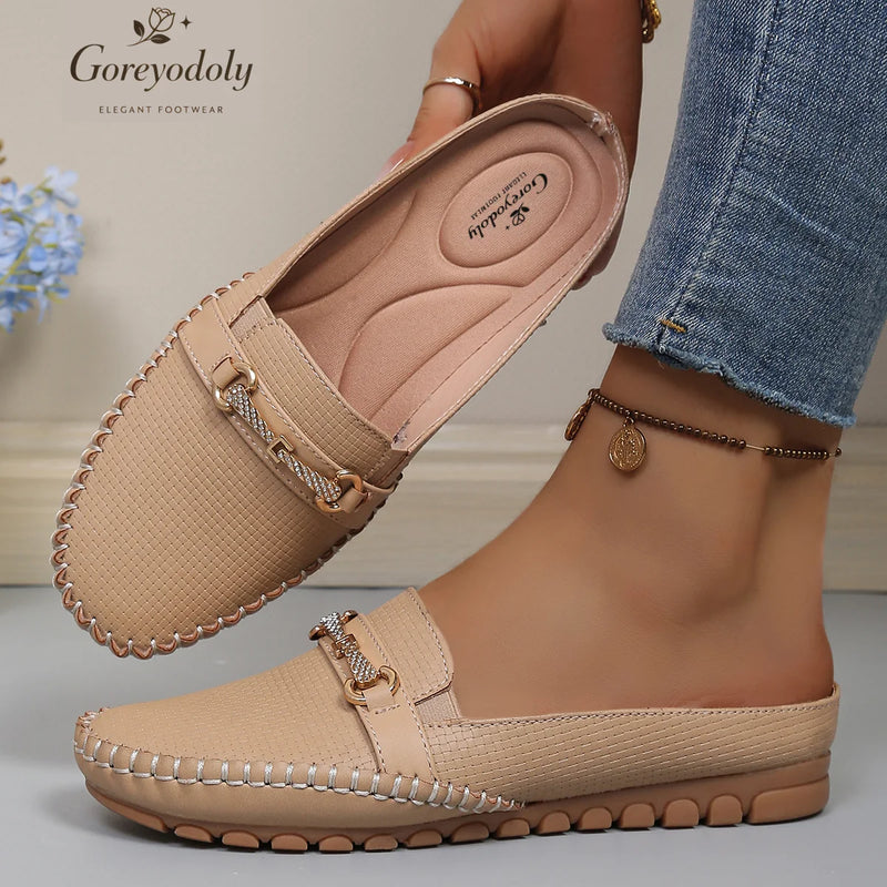 Goreyodoly women mule flats quilted slip on shoes chain detail wide fit lightweight soft sole casual comfort loafers