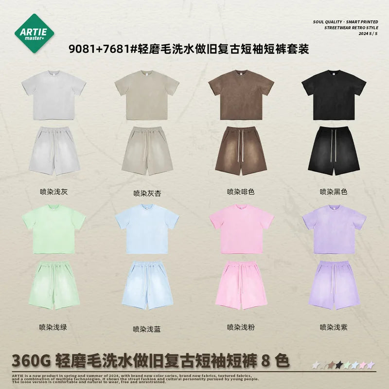 QICHE Spray Washed Faded Brushed Matching Set Men Women 2026 Summer Loose Short Sleeve Shorts