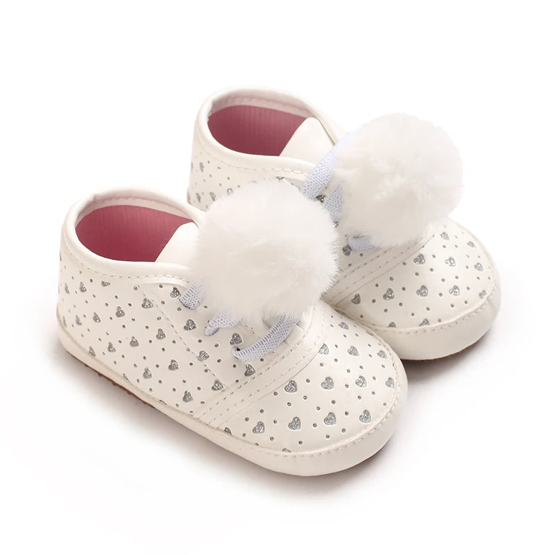 Baby Learning Walk Shoes, Glitter Heart Pom Pom Decor Infant Slip On Shoes, Comfort Daily Pre-Walker Footwear 0-18 Months