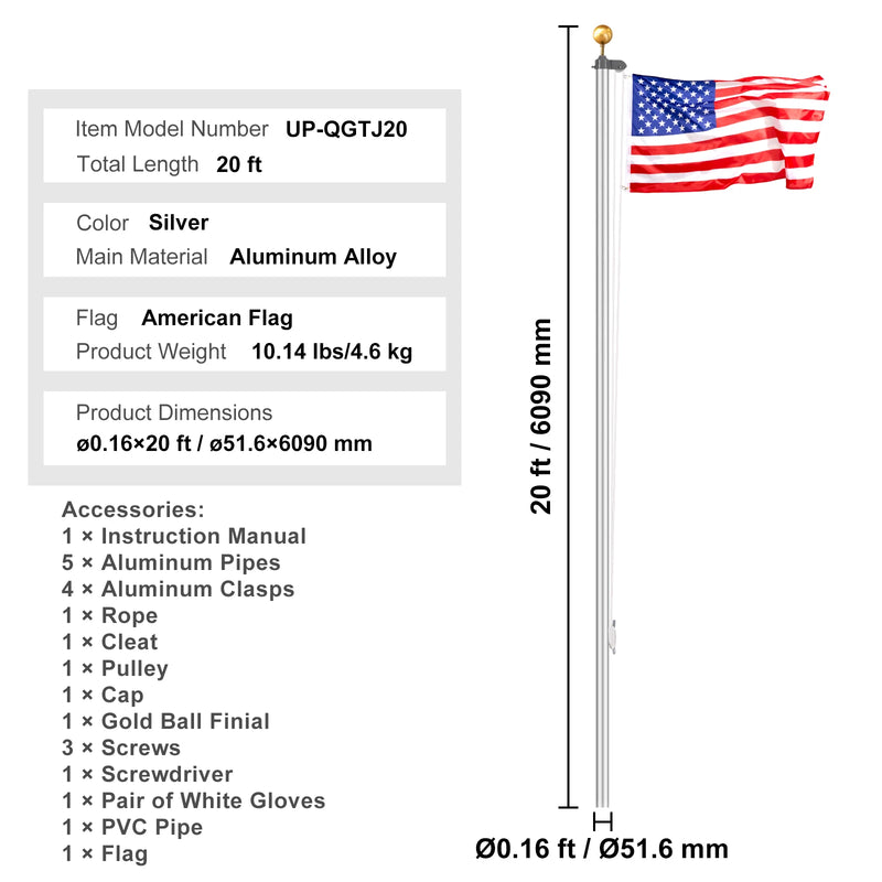 VEVOR 16/20/25/30ft Flag Pole for Outside House In Ground Thick Aluminum Flagpole Kit with 3x5American Flag for Yard Residential