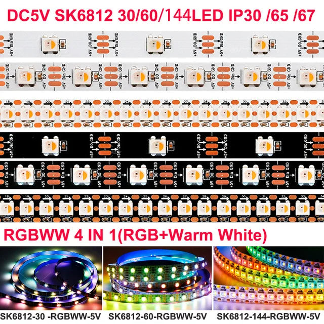 SK6812 RGBW Led Strip Light 4 in 1 Similar WS2812B 1m 5m 30 60 144 LEDs Individual Addressable RGBWW Led Lights IP30 65 67 5V12V