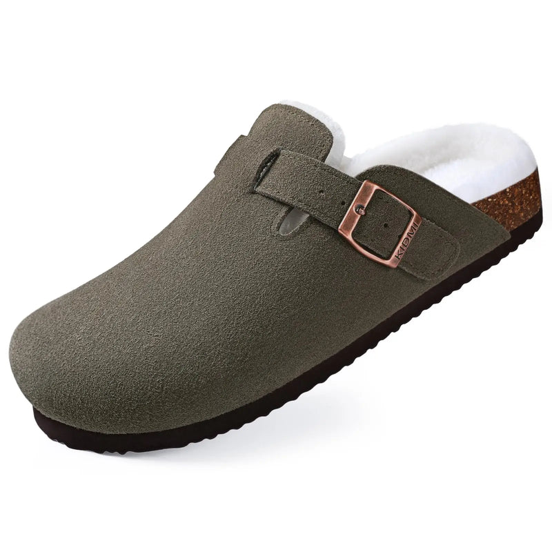 Evshine Winter Fur Clogs Slippers For Women Men Cork Footbed Plush Lined Mules Fuzzy Suede Potato Shoes Warm Furry House Clogs