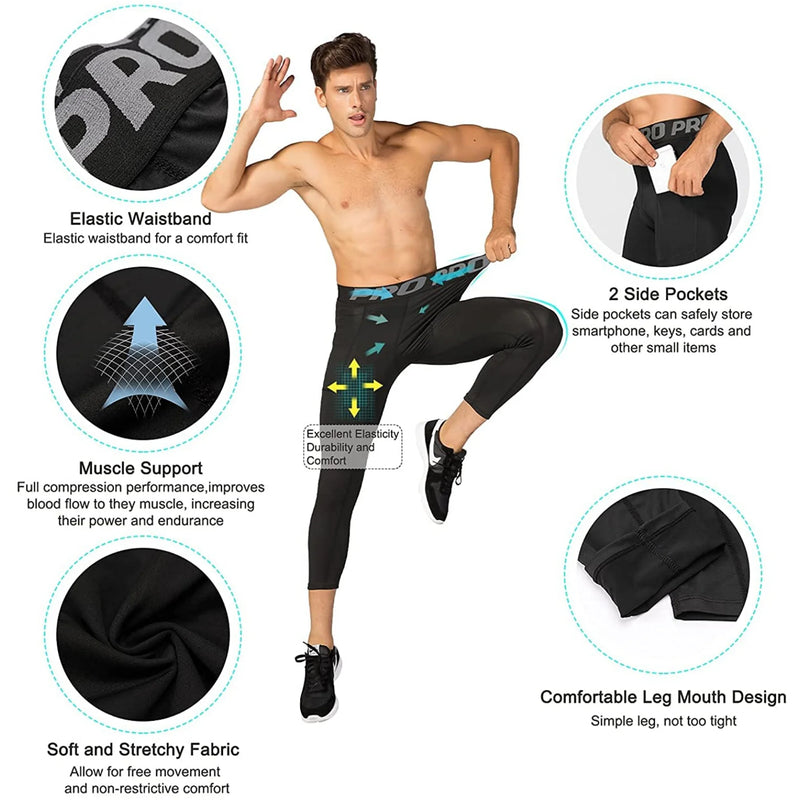 Mens 3/4 Compression Pants Basketball Running Tights Quick Dry Workout Leggings with Pockets Gym Sports Base Layer