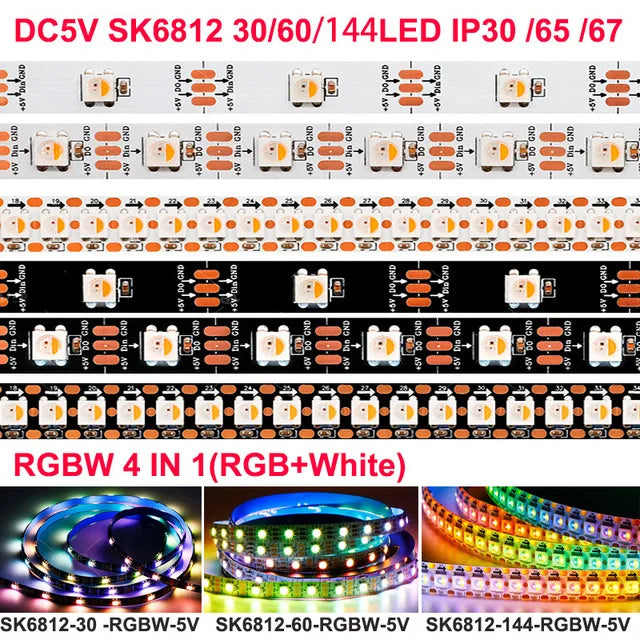 SK6812 RGBW Led Strip Light 4 in 1 Similar WS2812B 1m 5m 30 60 144 LEDs Individual Addressable RGBWW Led Lights IP30 65 67 5V12V