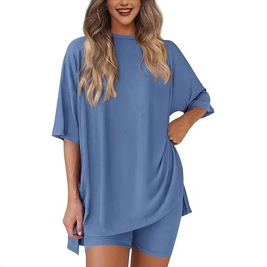 2026women's New Fashion Trend Basic High-quality Casual Round Neck Slit Loose Casual and Comfortable Women's Two-piece Home Suit