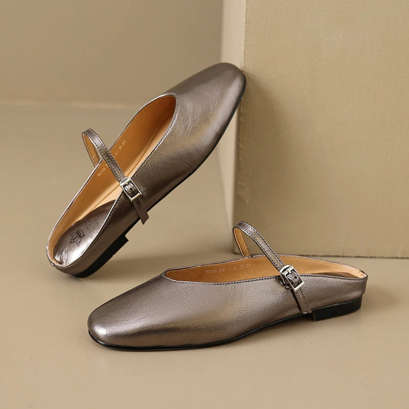 Genuine Leather Slippers Women Flat Heels Covered Toe Ladies Casual Mules Shoe Comfortable Summer Sandals