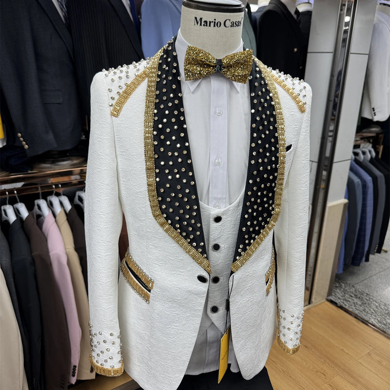 High End Beading Jacquard Men's Formal Suit Set, 3-Piece Paisley One Button Blazer Vest Pants Set, Luxury Costume Tuxedo Set
