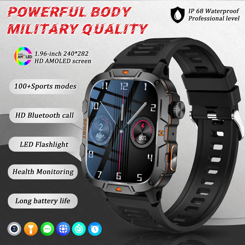 2025 New Military Grade Smart Watch Men 1.96" AMOLED Screen 5ATM Waterproof Simming Sports Fitness Tracker BT Call Smartwatches