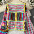 Multicolor Crochet Cardigan Women Sheer Openwork Patchwork Knit Open Front Sweater Jacket  Boho Beach Vacation Festival Outfit