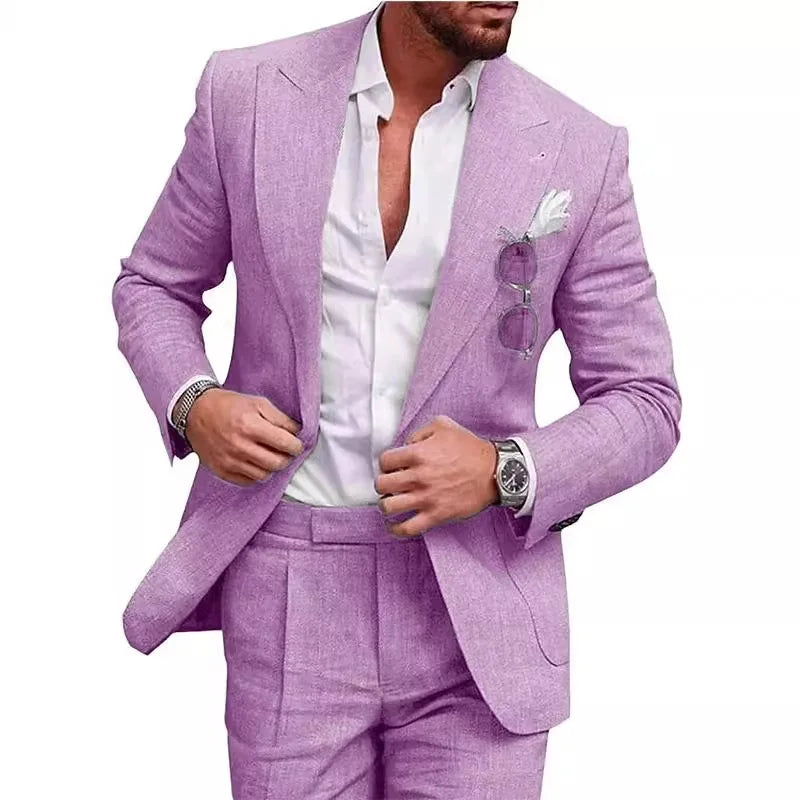 Men‘s Linen Pant Suit Set Plus - size Black Blue Single Button 2 - Piece Summer Business Formal Casual - View 4 | SAMAG