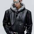 American Style Men's Padded Jackets PU Leather Faux Fur Fleece Thickened Solid Color Loose Male Hooded Warm Coats Tide