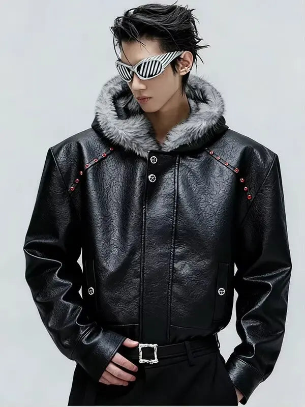 American Style Men's Padded Jackets PU Leather Faux Fur Fleece Thickened Solid Color Loose Male Hooded Warm Coats Tide
