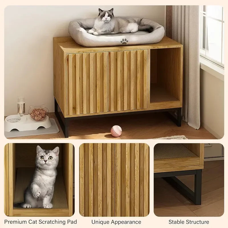 Modern Cat Box Enclosure Furniture Hidden Box with Scratch Pad Entryway Bench End Table Pet Bed for Cats