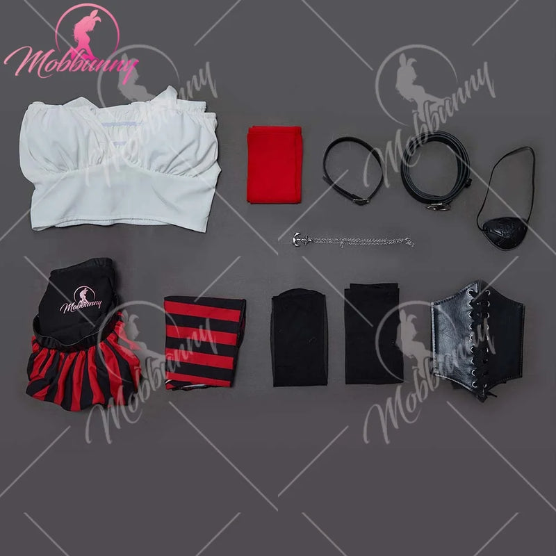 Mobbunny Female Pirate Sexy Lingerie Outfit Halloween Costume One Shoulder Top and Irregular Skirt with Waist Belt and Eye Mask