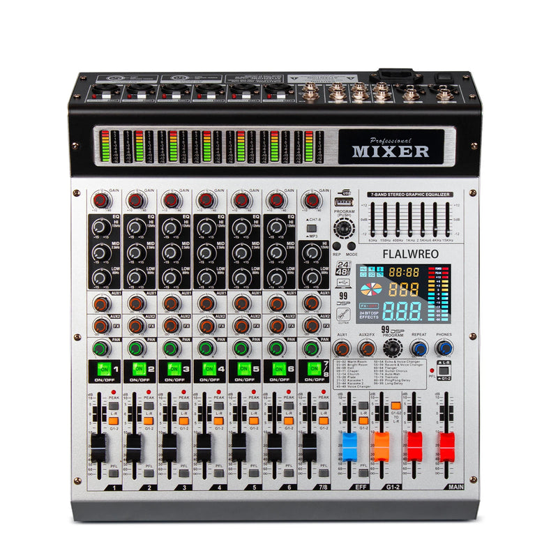 FLALWREO 8 / 12Channel Audio Interfacer DJ Mixer Sound Board 99-Bit DSP Effect USB Audio Mixer Effects +48V Phantom Bluetooth fo